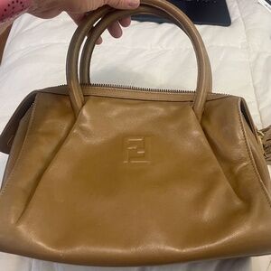 Vintage Fendi Tan/Brown Leather 2 Way Purse w/Strap, Gold Tone Hardware & Tassel